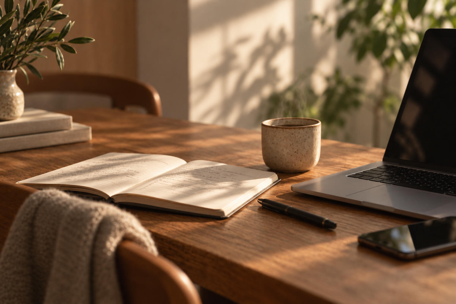 An open notebook with a pen and a cup of coffee on a work desk.