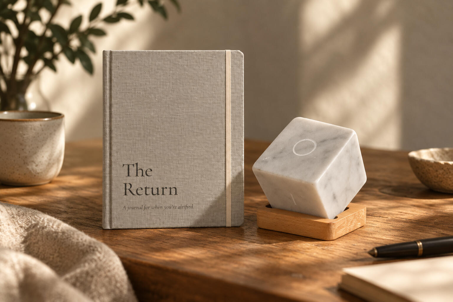 The Return journal next to The Presence Cube on desktop.